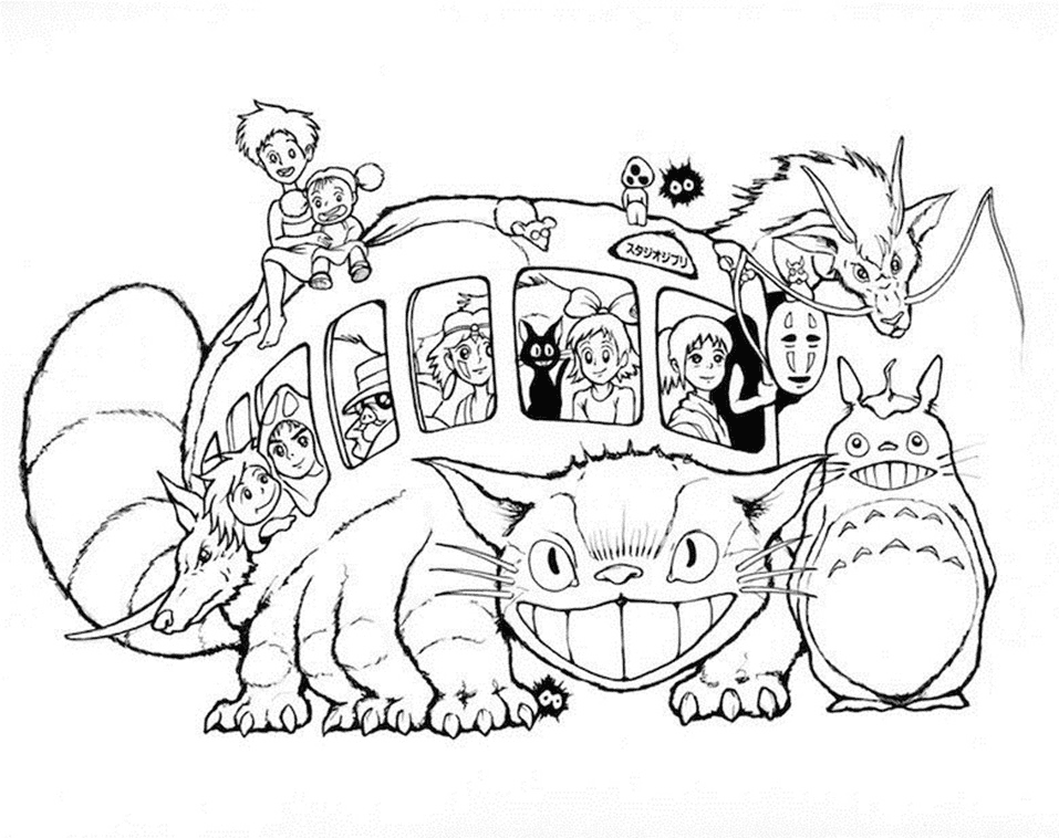 Catbus with Totoro Coloring Page