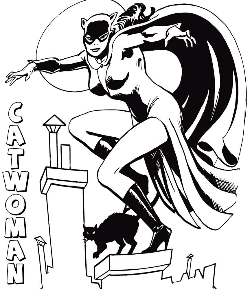 Catwoman and Cat Coloring Page