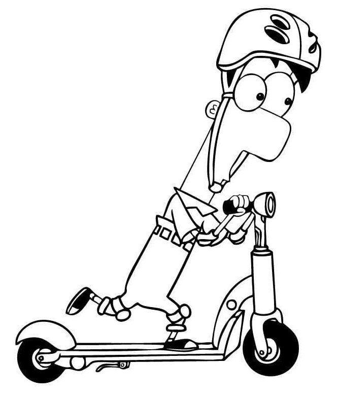Ferb bestuurt een scooter van Phineas en Ferb