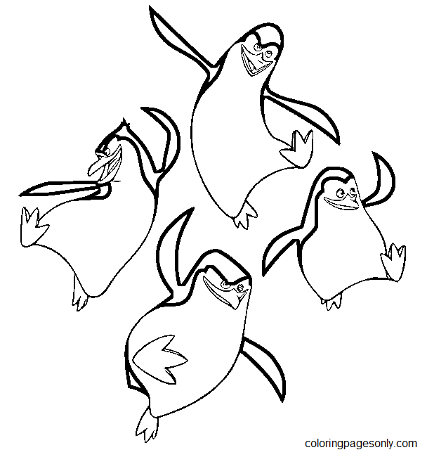 Cuatro pingüinos saltando desde pingüinos de Madagascar