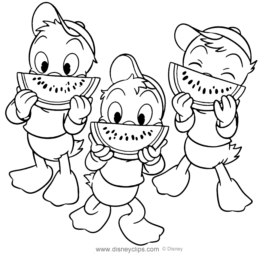 Huey, Dewey, Louie eating Watermelon Coloring Pages