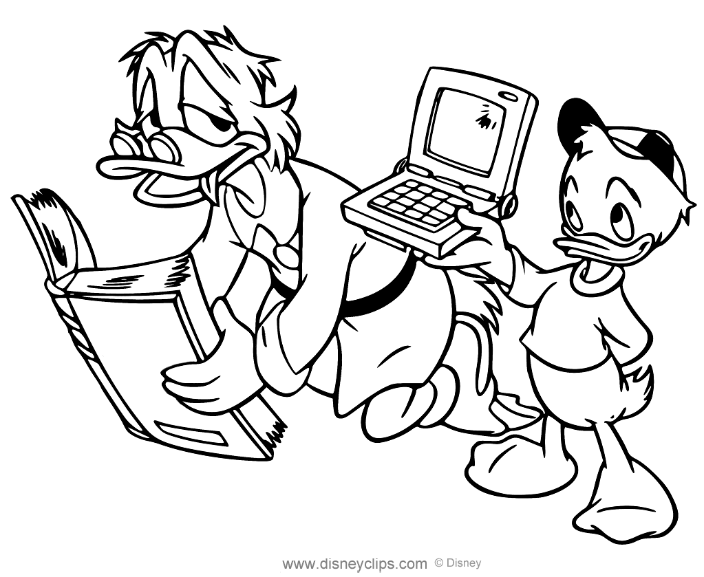 Huey gives Scrooge a laptop Coloring Pages