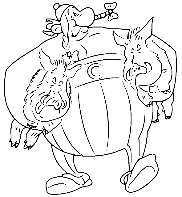 Раскраска Обеликс держит двух кабанов