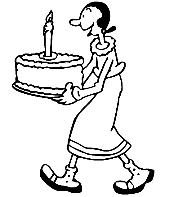 Раскраска Олив Ойл с тортом ко дню рождения