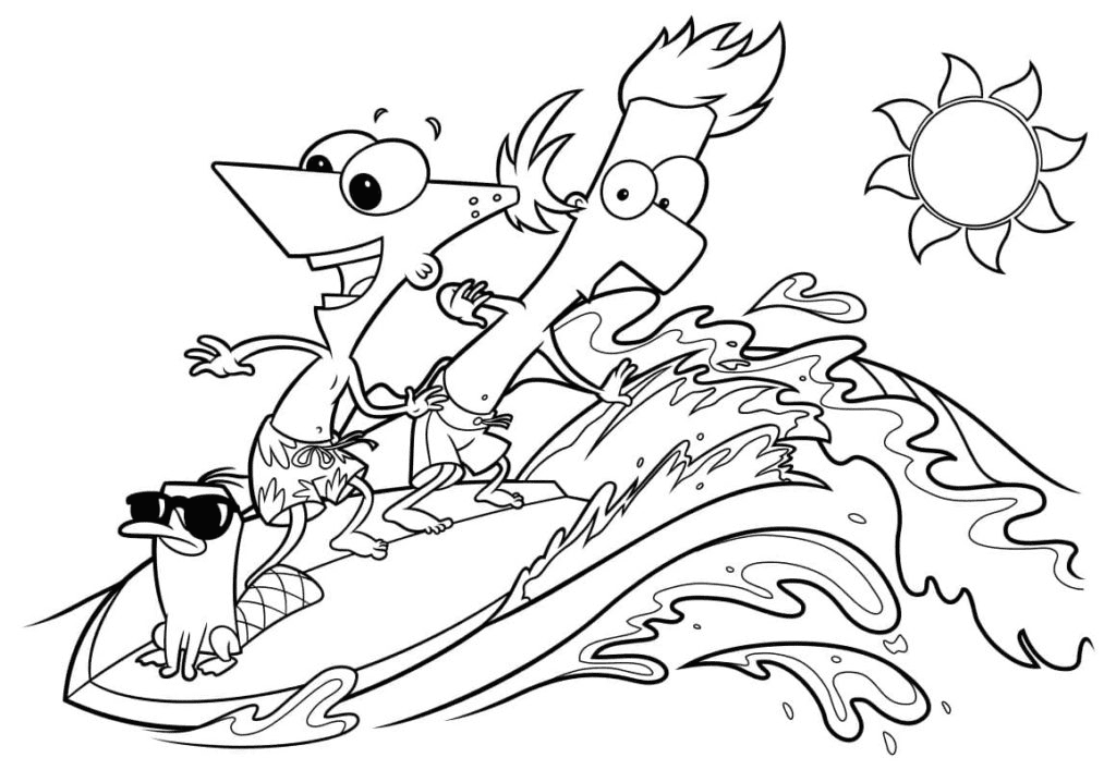 Perry, Phineas and Ferb Surfers Coloring Page