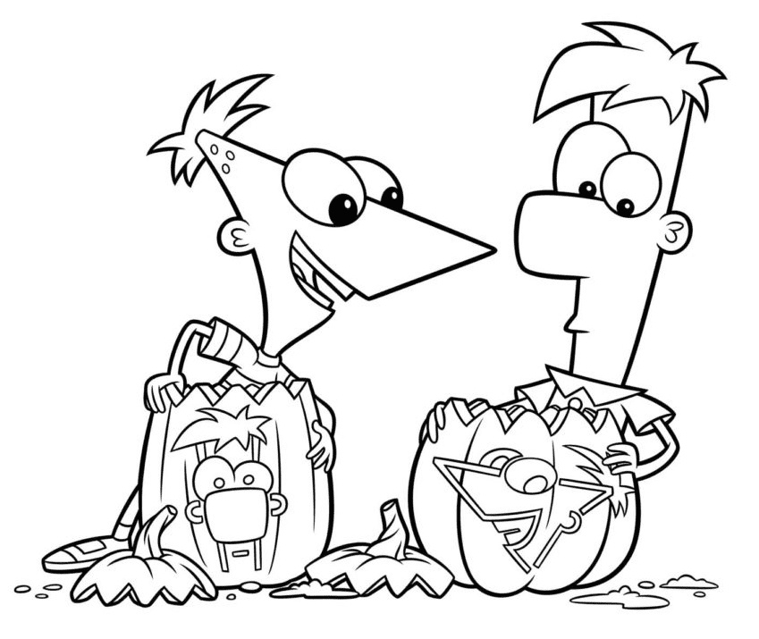 Phineas, Ferb mit Kürbissen auf Halloween Malvorlagen