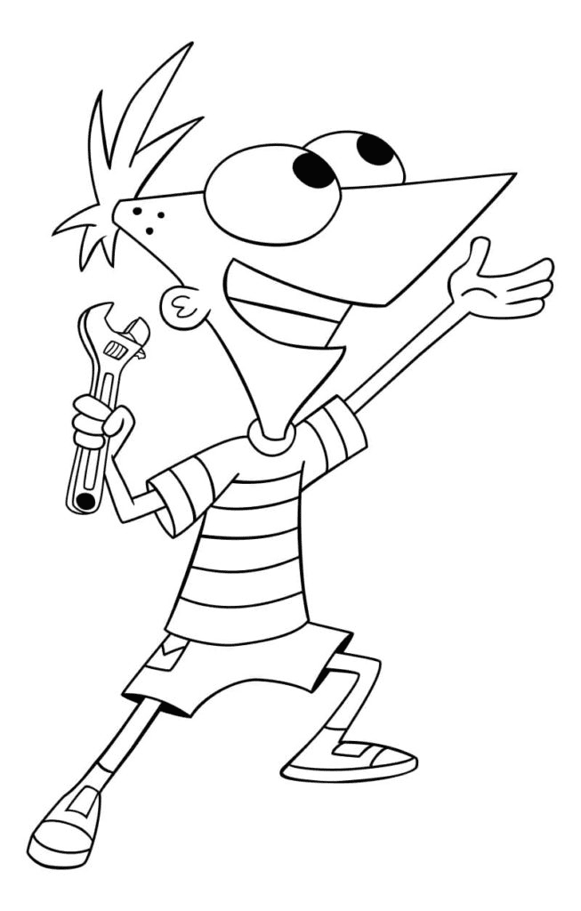Phineas mit einem Schraubenschlüssel zum Ausmalen