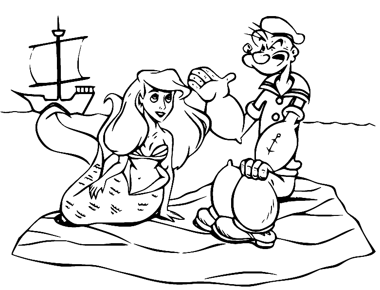 Popeye and Mermaid Coloring Page