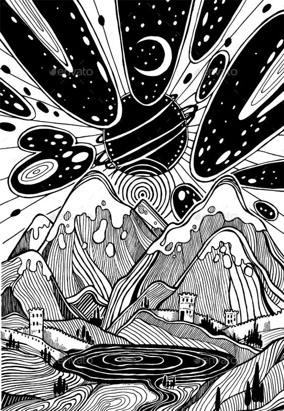 Psychedelic Landscape with Mountains Coloring Page
