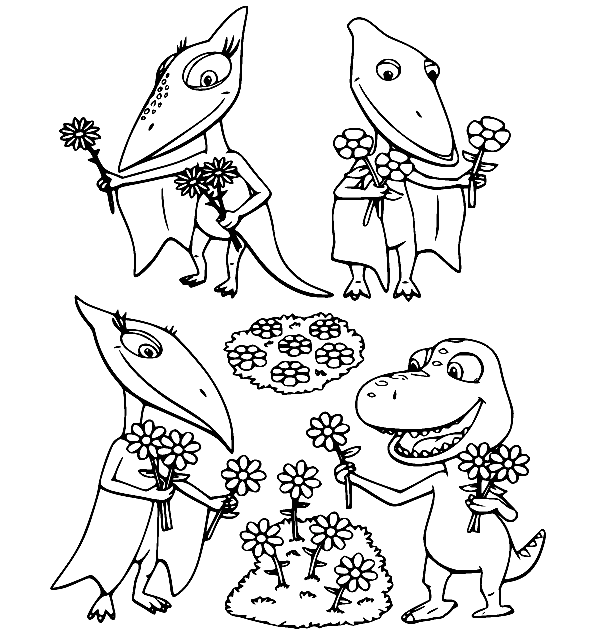Pteranodon Family with Flowers Coloring Page