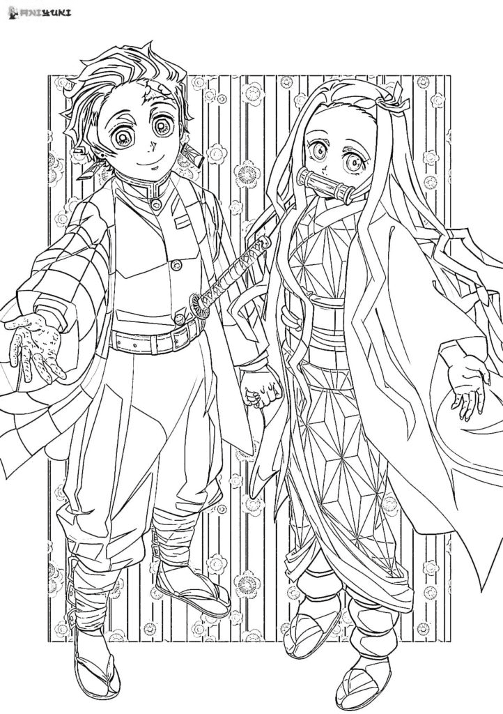 Manga Nezuko and Tanjiro Coloring Page · Creative Fabrica