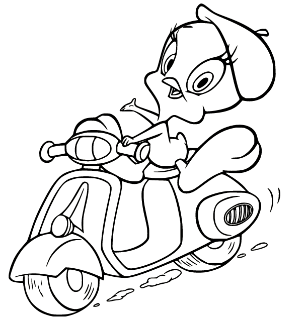 Tweety Bird Riding a Motorbike Coloring Pages