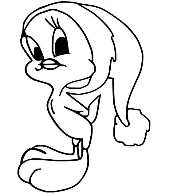 Tweety Bird in the Christmas Hat Coloring Page