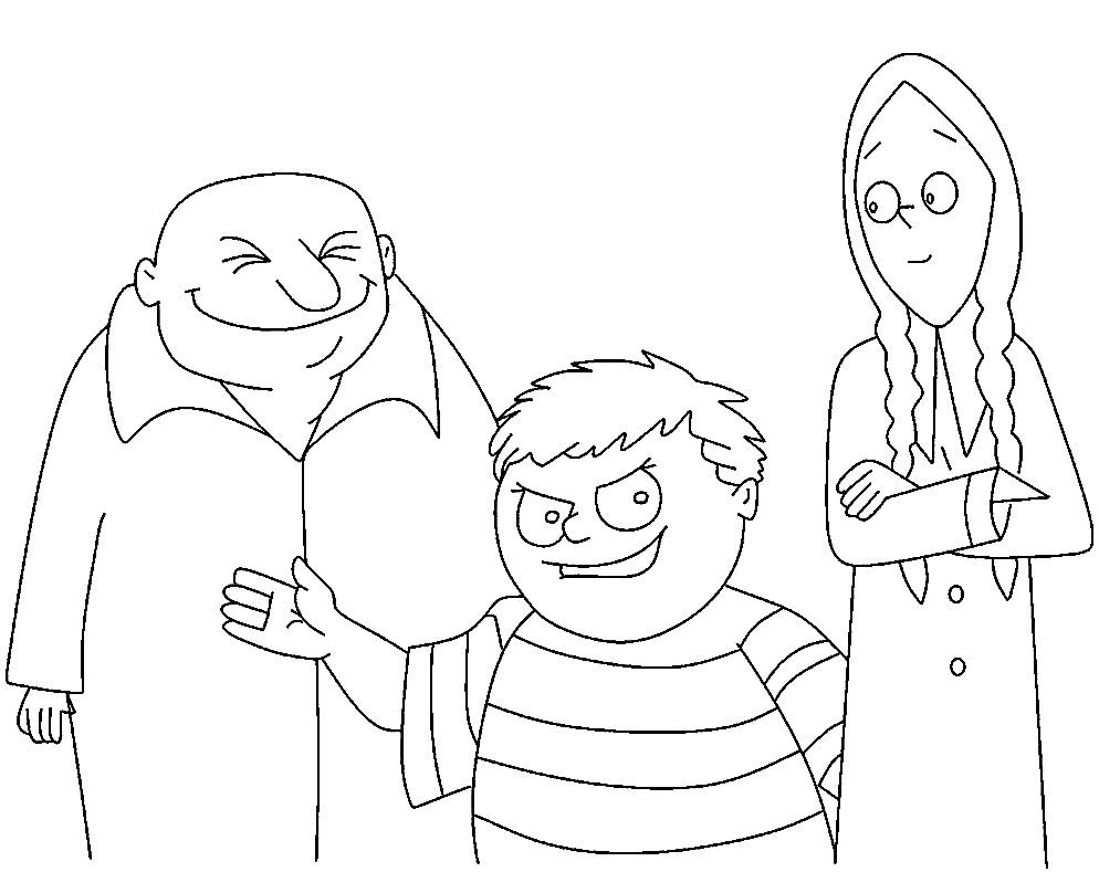 Uncle Fester with Pugsley and Wednesday Coloring Page