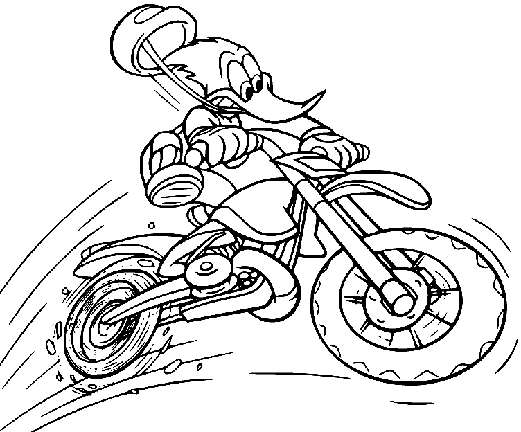 Woody Woodpecker Driving a Motorcycle Coloring Page