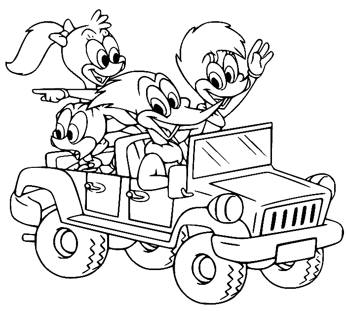 Familia de Woody Woodpecker en el coche de Woody Woodpecker