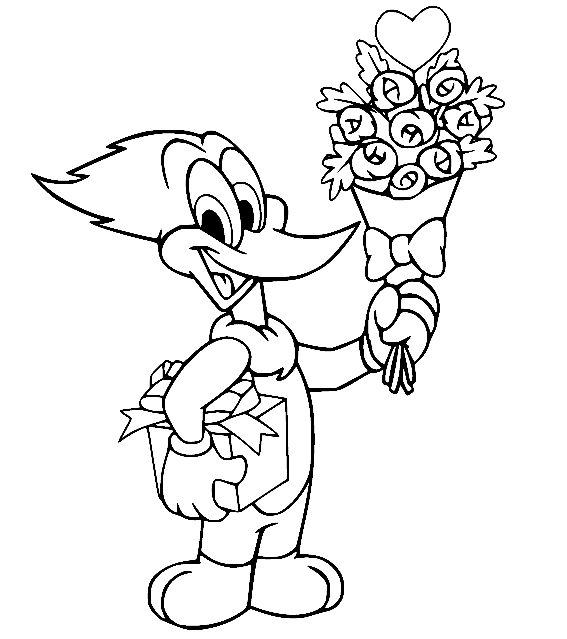 Woody Woodpecker Holds Flowers Coloring Page