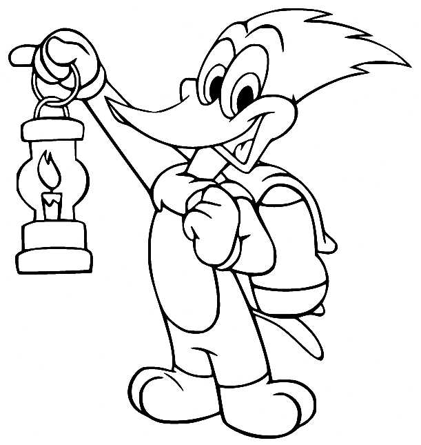 Woody Woodpecker Holds a Lantern Coloring Page