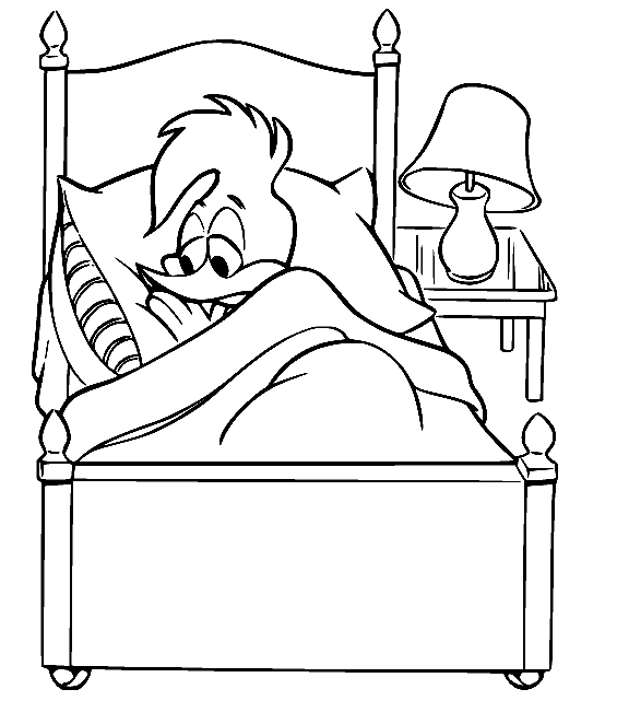 Woody Woodpecker on the Bed Coloring Page