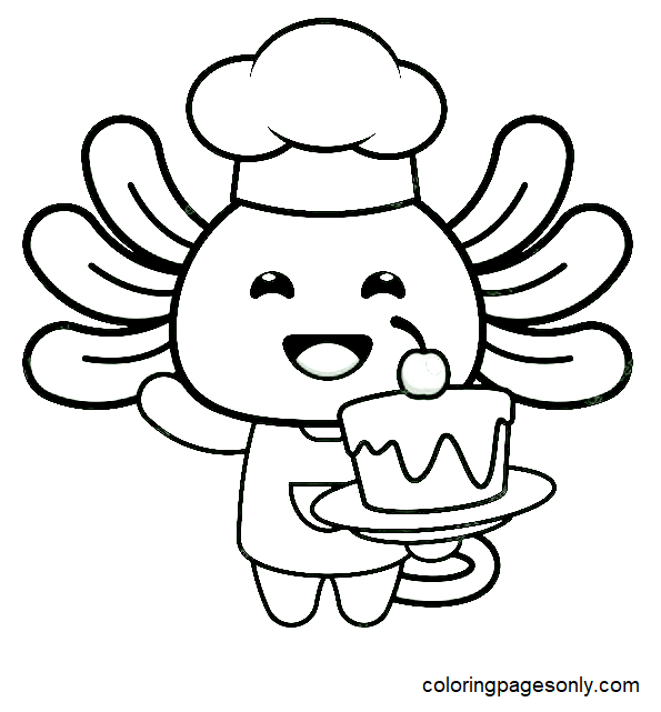 Chef Axolotl con pastel Página para colorear