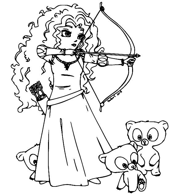 Brave Merida and Bear Cubs Coloring Page