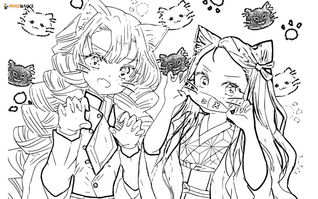 Cats Mitsuri Kanroji and Nezuko Kamado Coloring Page