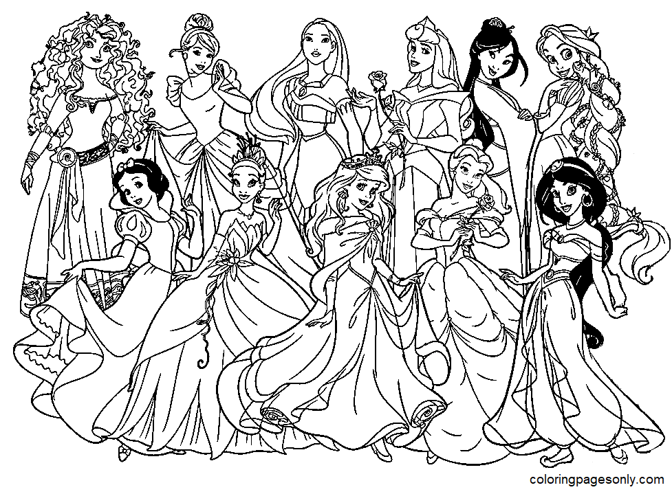 Desenho gratuito para colorir de princesas da Disney para imprimir