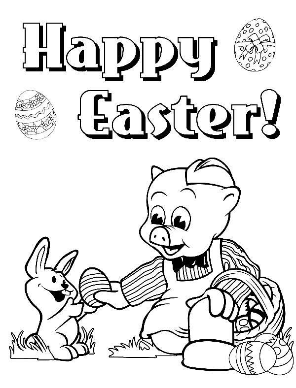 Happy Easter Piggly Wiggly Give Egg To A Rabbit Coloring Page