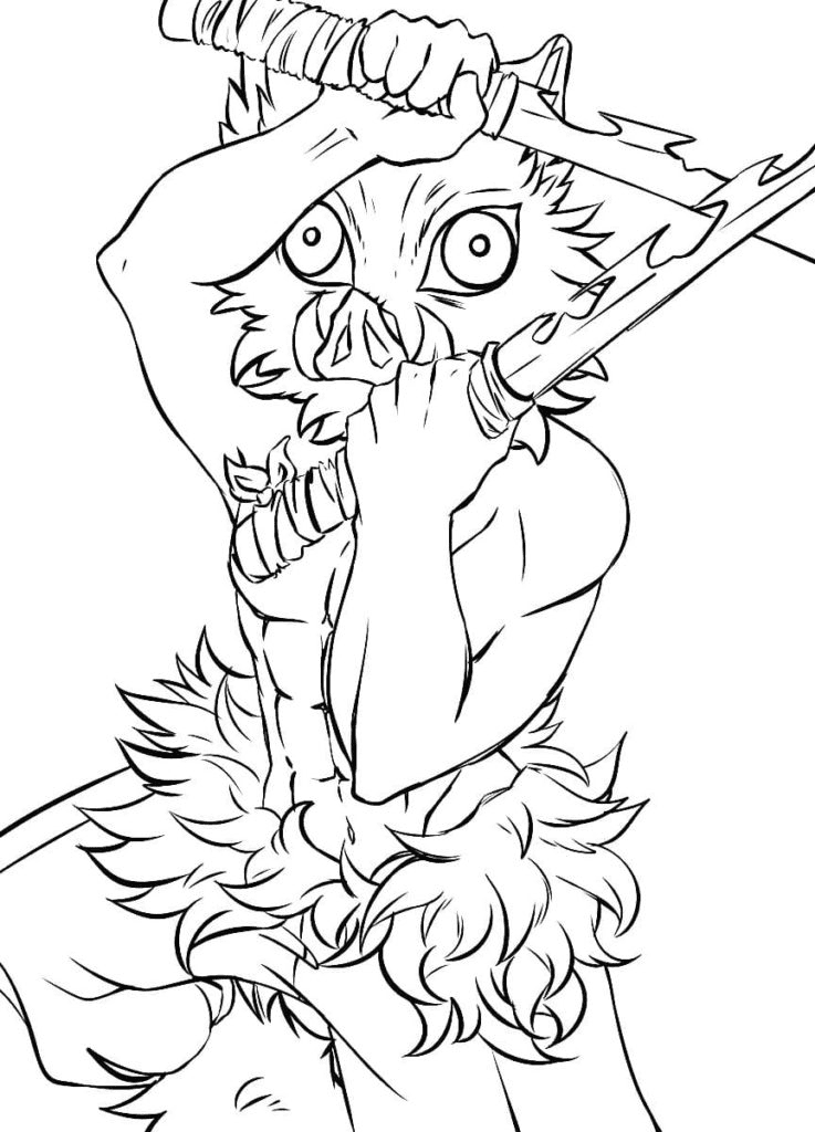 Coloriage Inosuke Hashibira With Weapons Demon Slayer Dessin Demon 