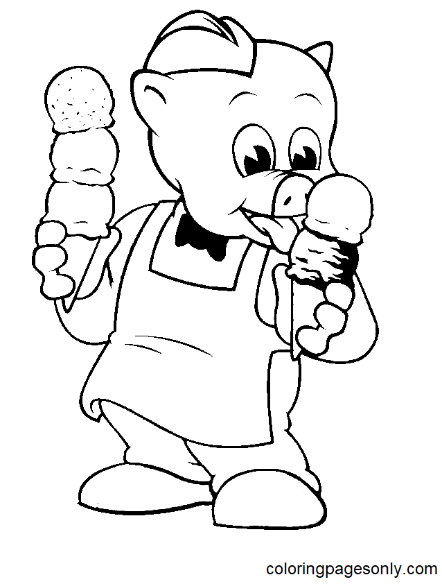 Coloriage Piggly Wiggly manger de la crème glacée