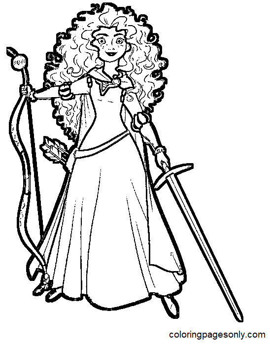 Princess Merida holds Bow and Sword Coloring Page