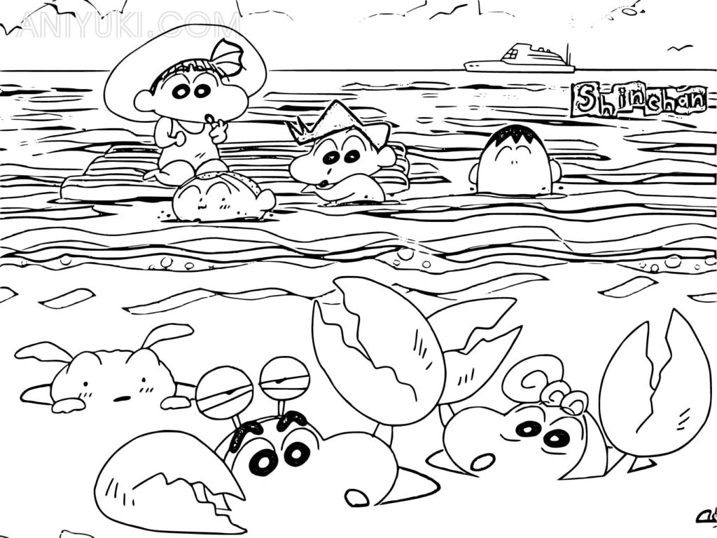 Shin chan and Friends on Sea Coloring Page