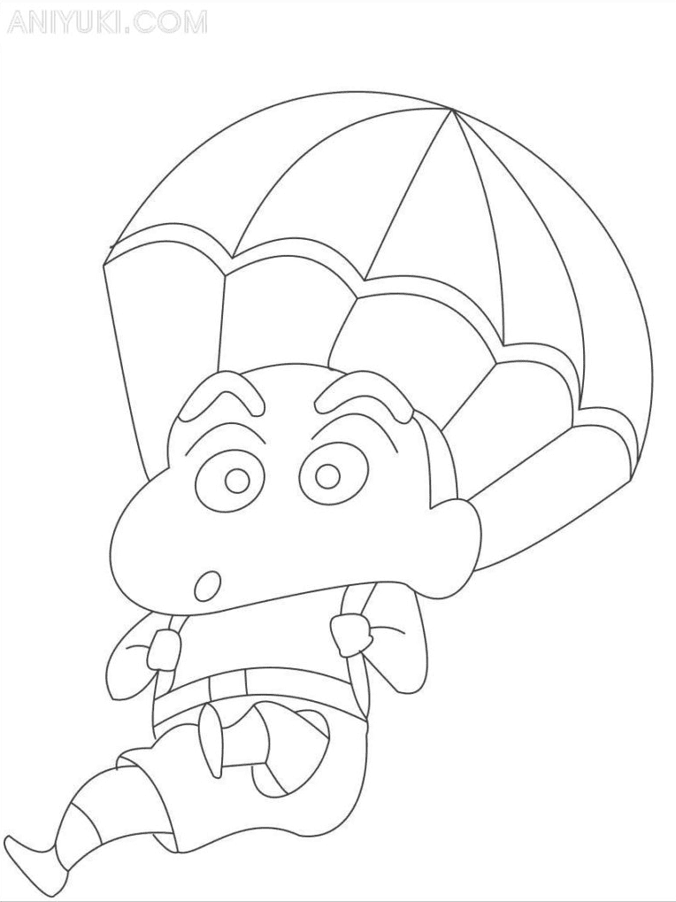 Shin-chan met een parachute van Shin-chan