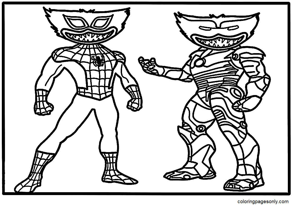 Spiderman Huggy Wuggy vs Iron Man Huggy Wuggy Coloring Pages