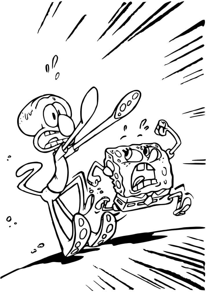 Spongebob and Squidward Running Coloring Page