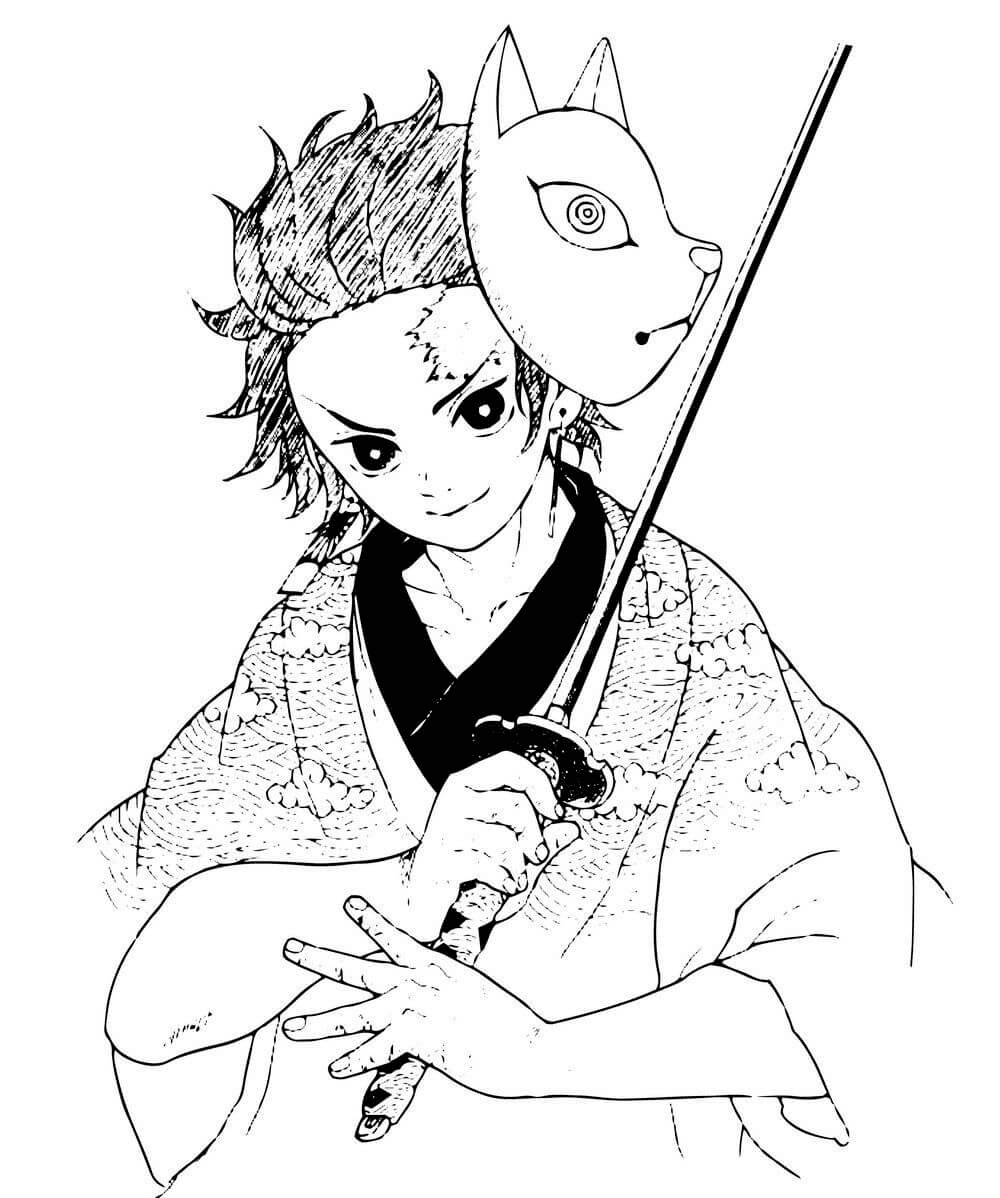Tanjiro With Mask And Sword Coloring Pages