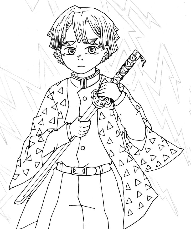 Zenitsu Holding Sword Coloring Pages
