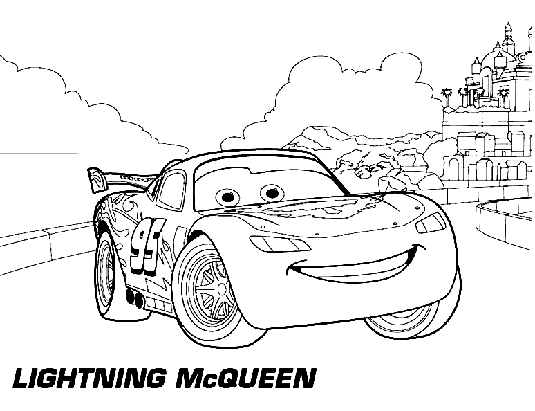 Cars Lightning McQueen In City A4 Disney Coloring Page