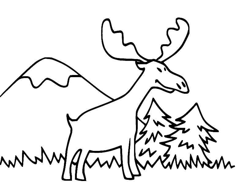 Cartoon Moose with Trees Coloring Page