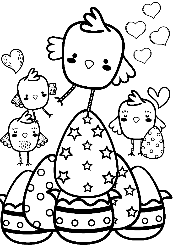 Chickens and Easter eggs Coloring Page