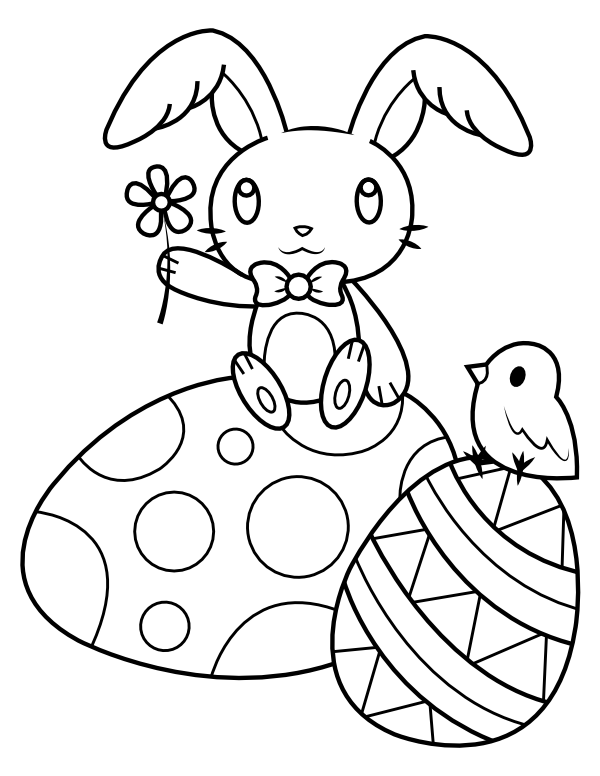 Easter Bunny With Baby Chick and Easter Eggs Coloring Page