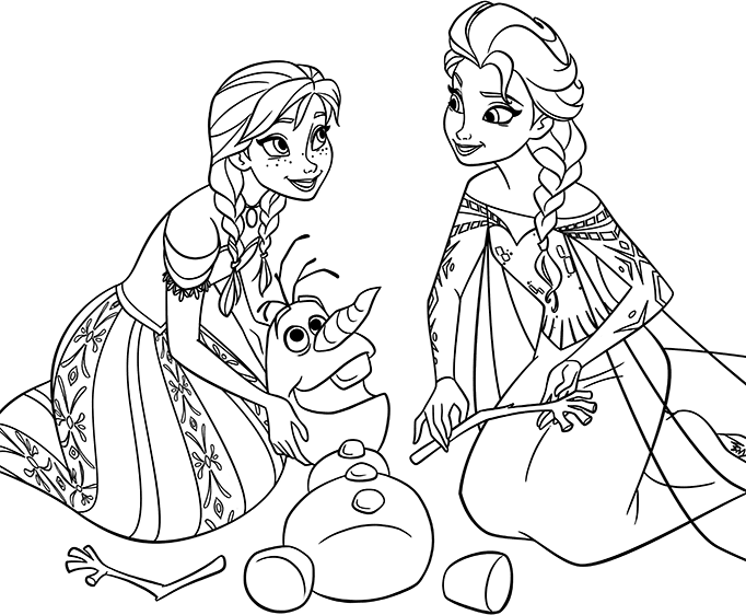 Elsa met Anna en Olaf Kleurplaat