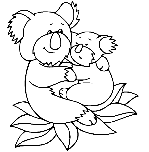 الكوالا والطفل يجلسان على أوراق الكوالا