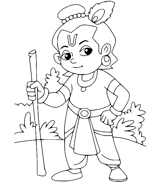 Krishna Holds a Stick Coloring Page