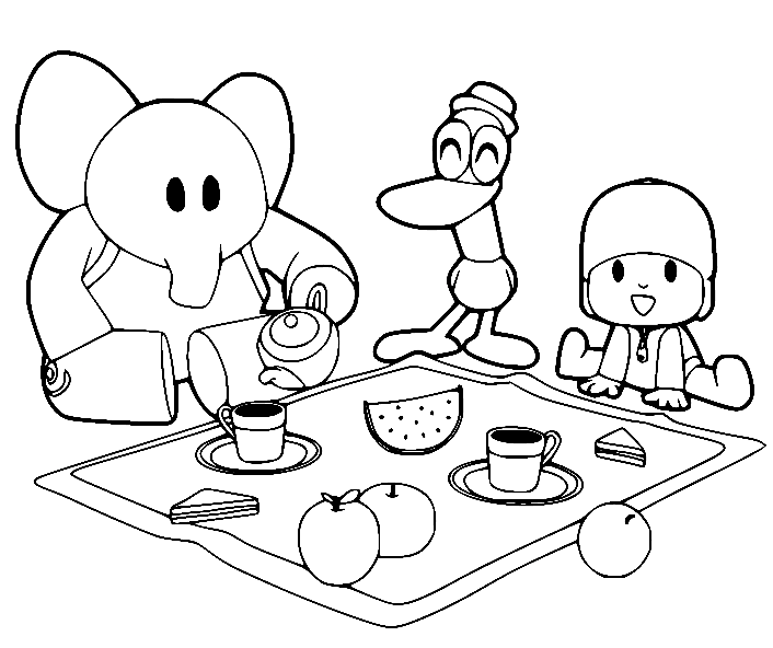 Dibujo para colorear de Pocoyó y Elly en un picnic