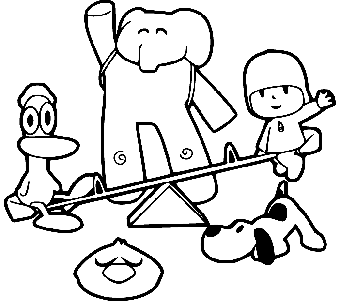 Dibujo para colorear de Pocoyó y sus amigos jugando al balancín