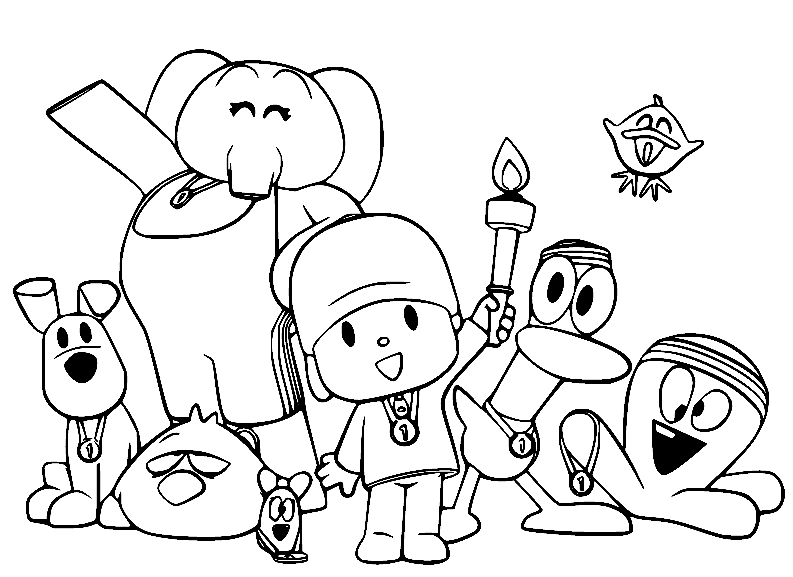 Dibujo para colorear de Pocoyó y sus amigos