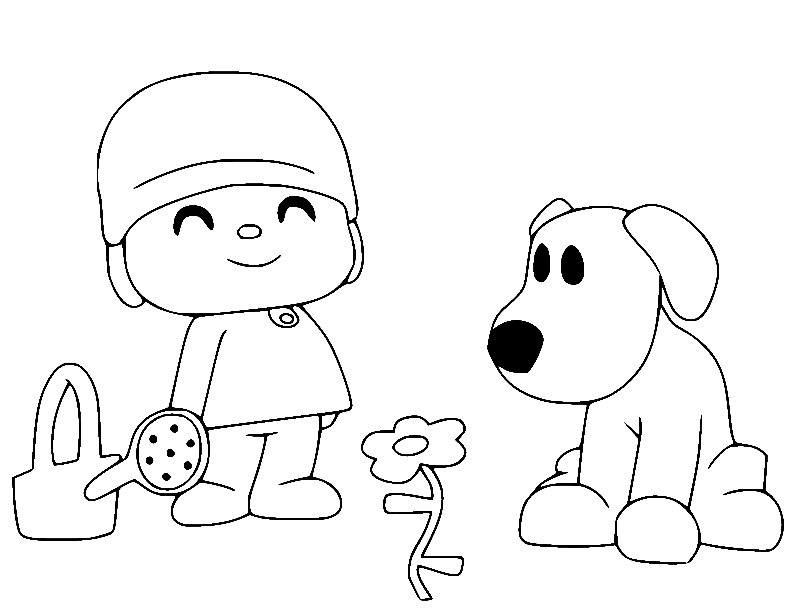 Pocoyo and Loula Watering Flowers Coloring Pages