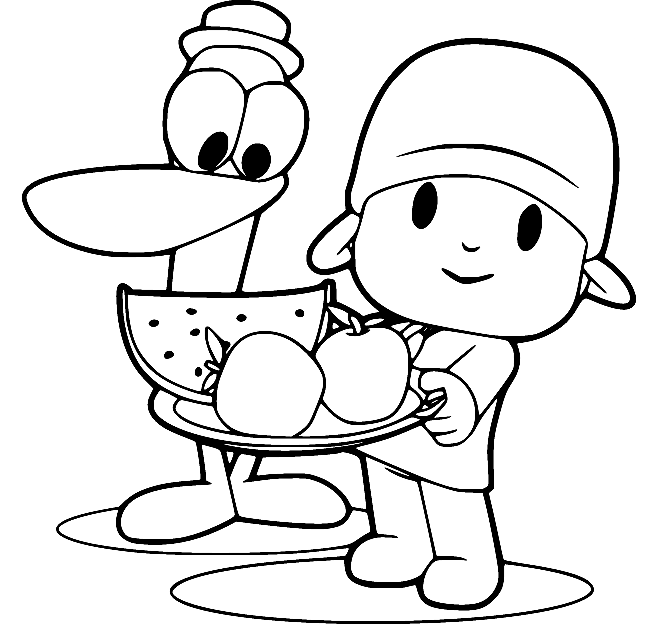 Pocoyo en Pato houden fruit vast Kleurplaat