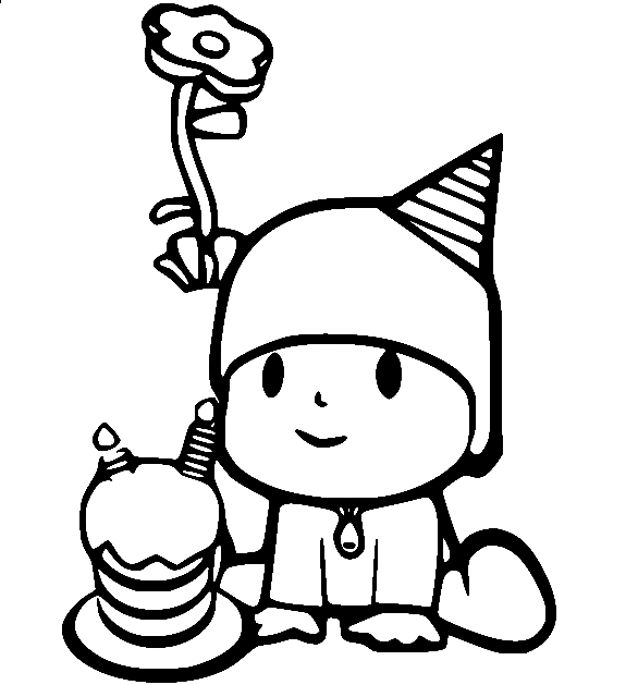 Dibujo para colorear de Pocoyó y una tarta de cumpleaños